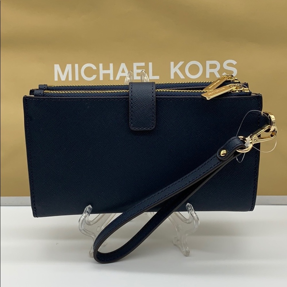 MICHAEL KORS LG DOUBLE ZIP WRISTLET PHONE CASE - wallet Navy NWT - Picture 7 of 16